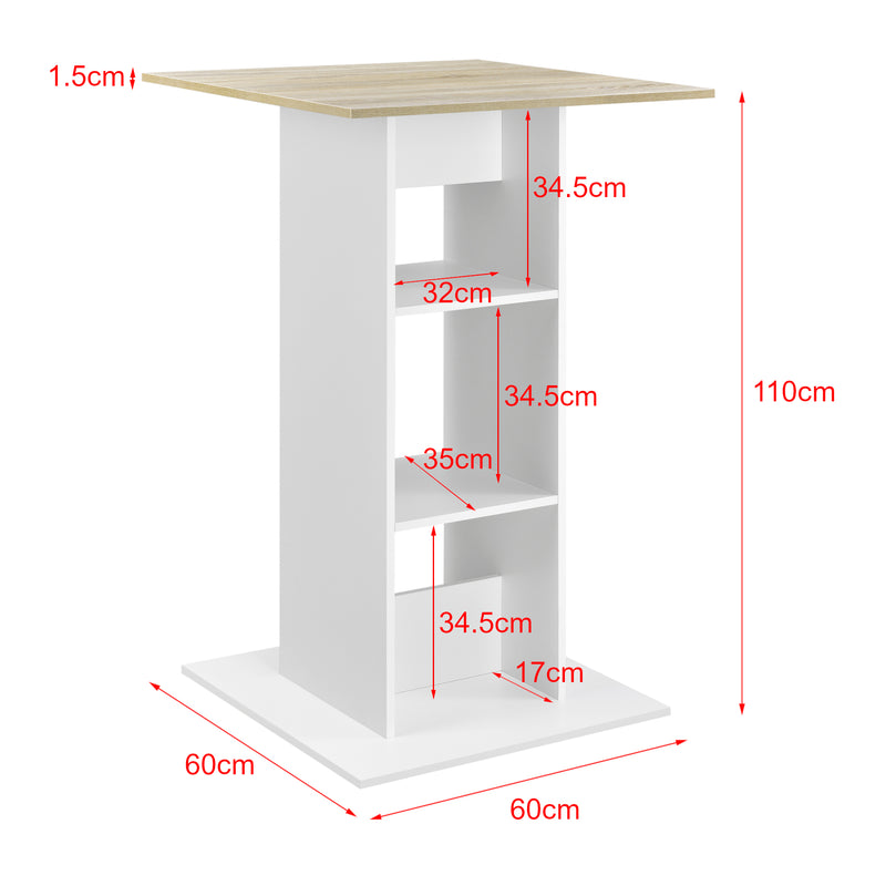 Maßskizze Bartisch Visby 110x70x70 cm mit 3 Regalfächern en.casa
