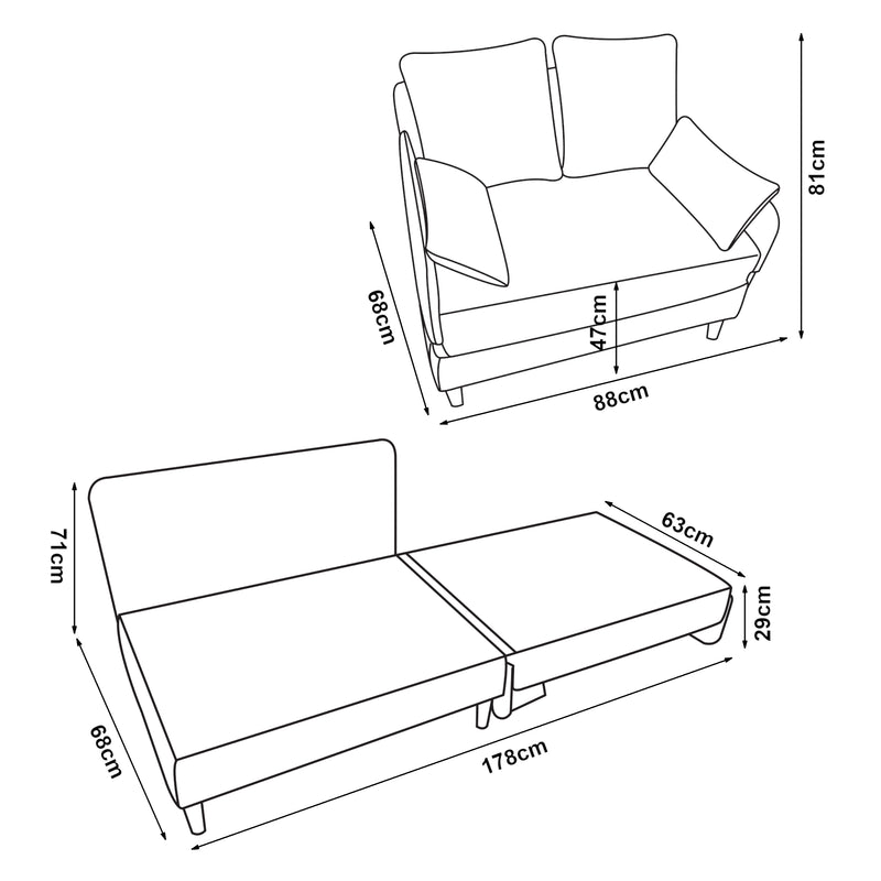 Maßskizze 1-Sitzer-Schlafsofa Seinlus [en.casa]