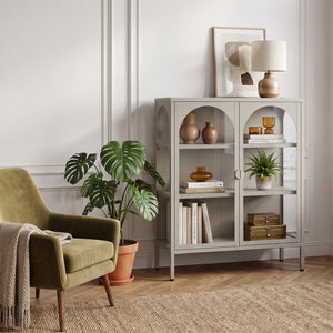 Vitrinen-Sideboard Klippestad Stahl 95x80x35 cm Kamelfarben [en.casa]