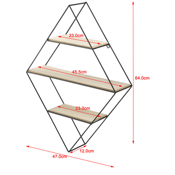 Wandregal Borus 47x12x64 cm Diamantförmig mit 3 Ablagen Schwarz en.casa