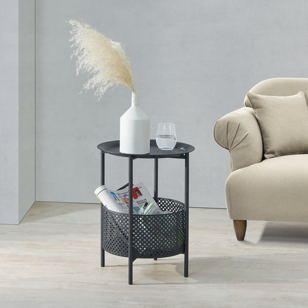 Beistelltisch Kruibeke 46x35cm mit Korb Schwarz [en.casa]