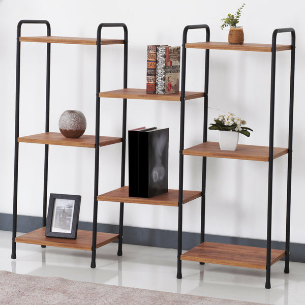 Standregal Birkerød mit 8 Ablageflächen 100 x 110 x 30 cm Schwarz / Walnuss-Optik [en.casa]