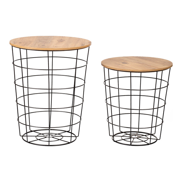Beistelltisch-Set Hundested 2er Set Metallkorb Schwarz / Holzfarben [en.casa]