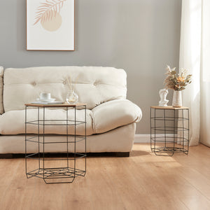 Beistelltisch-Set Hørsholm 2er Set Metallkorb Schwarz / Holzfarben [en.casa]