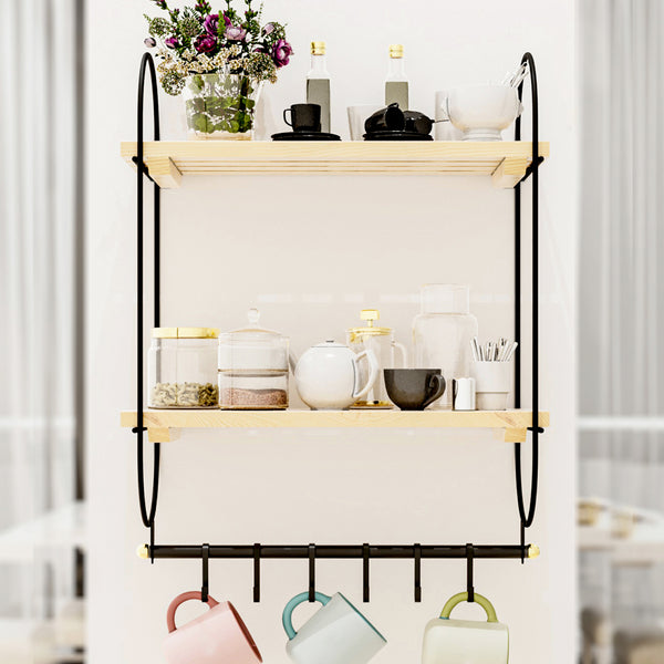 Wandregal Pielavesi mit 6 Haken Schwarz/Natur [en.casa]