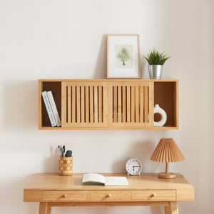 Wandregal Grums mit zwei Schiebetüren 92,5x20x33cm Bambus [en.casa]