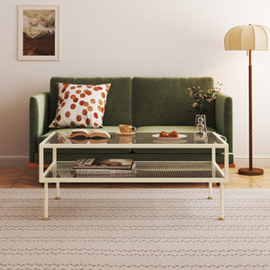 Couchtisch Lindau Stahl mit Glasplatte 100x50x46 cm Cremeweiß [en.casa]