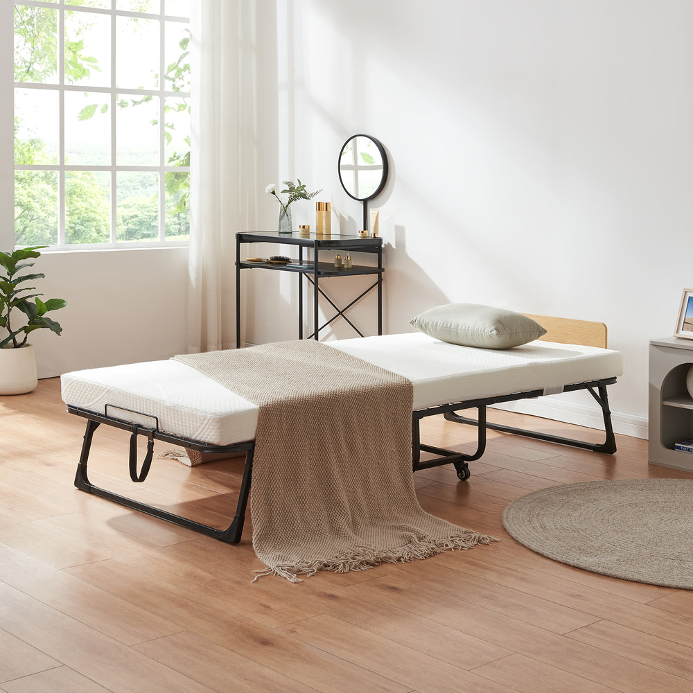 Metall-Klappbett Lustendi mit Matratze 200x90cm Schwarz/Eicheoptik [en.casa]