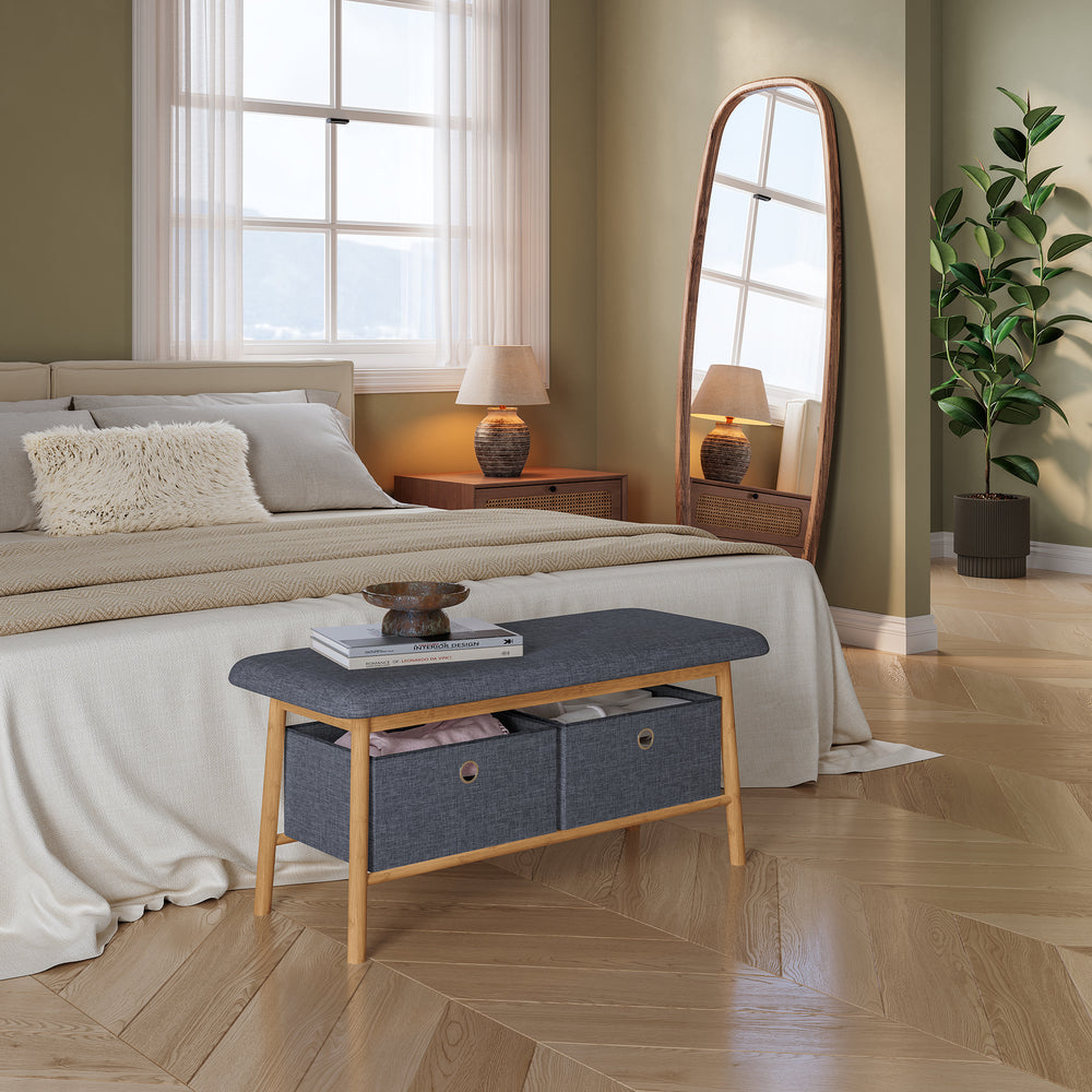 Sitzbank Vad mit 2 Aufbewahrungsboxen 90x30x45 cm Natur/Grau [en.casa]