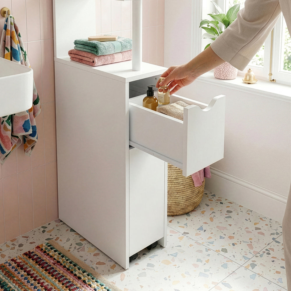 Nischenregal mit Rollauszug Fadeskimma 113x19x45 cm Weiß [en.casa]