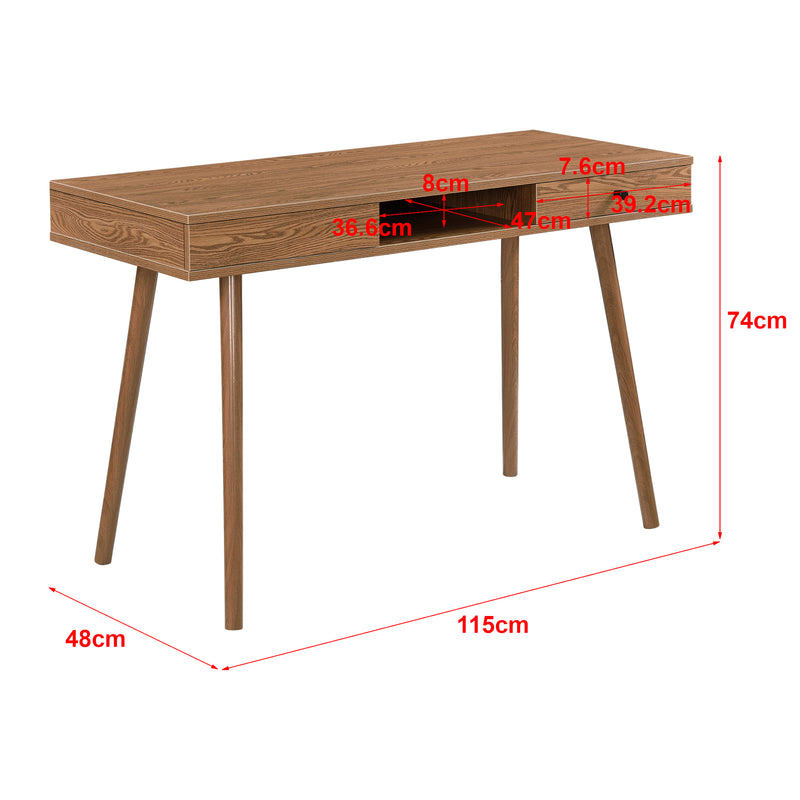 Maßskizze Schreibtisch Habo mit Ablage und Schublade 75x115x48 cm Walnussoptik [en.casa]