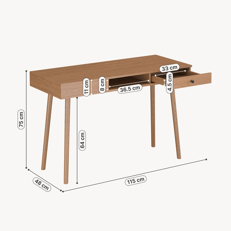 Maßskizze Schreibtisch Habo mit Ablage und Schublade 75x115x48 cm Walnussoptik [en.casa]