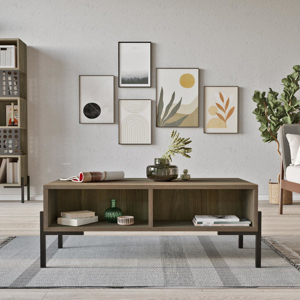 Couchtisch Lemland mit 3 Ablagefächern 94 x 44,5 x 35,5 cm Eiche grau [en.casa]