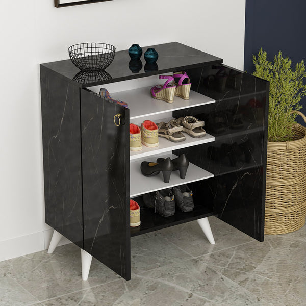 Schuhschrank Gjern mit 2 Türen Marmoroptik Schwarz [en.casa]