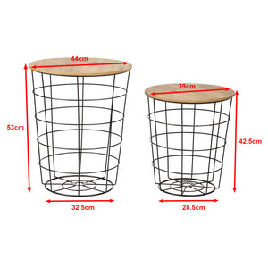 Beistelltisch-Set Hundested 2er Set Metallkorb Schwarz / Holzfarben [en.casa]