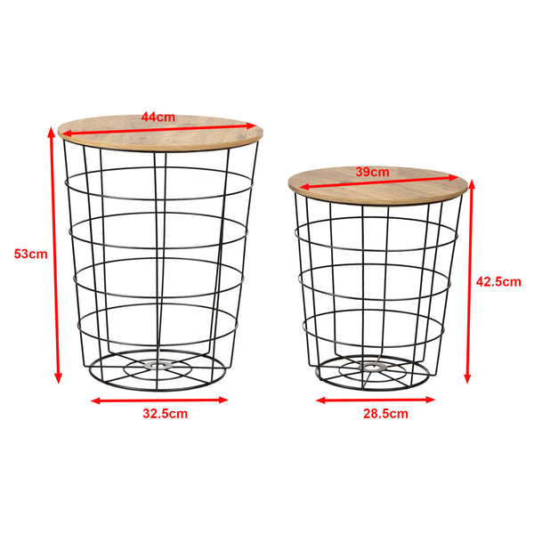 Beistelltisch-Set Hundested 2er Set Metallkorb Schwarz / Holzfarben [en.casa]