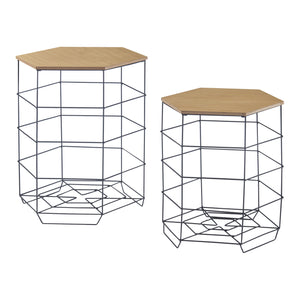 Beistelltisch-Set Hørsholm 2er Set Metallkorb Schwarz / Holzfarben [en.casa]