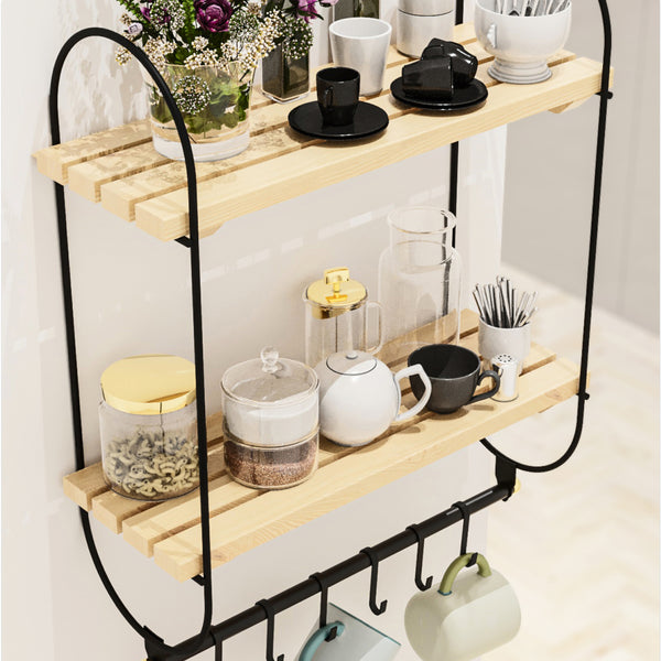 Wandregal Pielavesi mit 6 Haken Schwarz/Natur [en.casa]