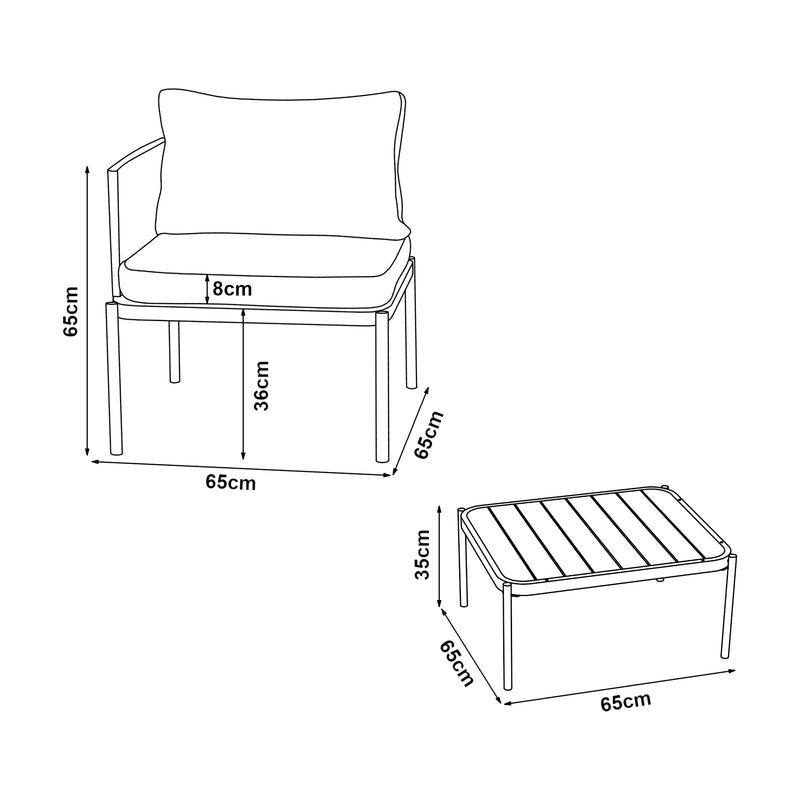 Maßskizze Gartenmöbelset Accettura 3-tlg. Aluminium Grau [casa.pro]