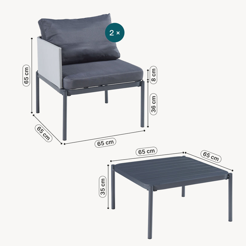 Maßskizze Gartenmöbelset Accettura 3-tlg. Aluminium Grau [casa.pro]