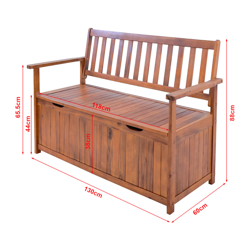 Maßskizze Gartenbank Avezzano mit Staufach 130x60x88cm Akazie FSC®-zertifiziert [en.casa]
