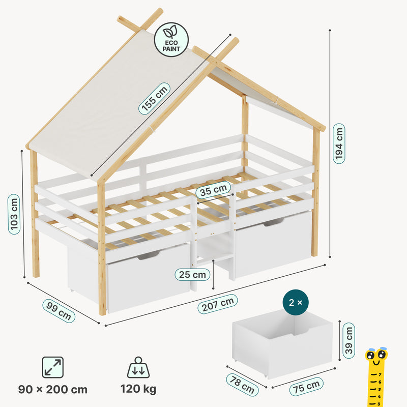 Maßskizze Hausbett Surnadal 90x200 cm Kiefernholz Weiß/Natur [en.casa]