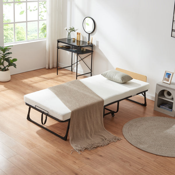 Metall-Klappbett Lustendi mit Matratze 200x90cm Schwarz/Eicheoptik [en.casa]