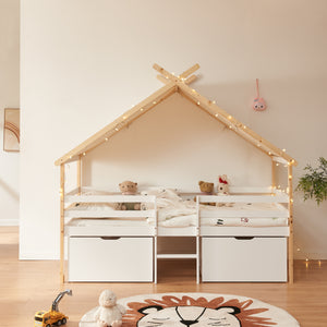 Hausbett Surnadal mit Matratze 90x200 cm Kiefernholz Weiß/Natur [en.casa]