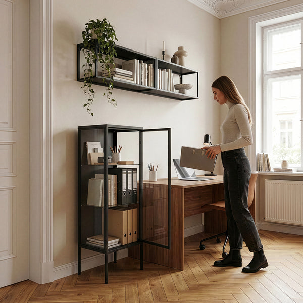 Vitrinenschrank Borshavisa 116x34x30 cm Stahl Schwarz [en.casa]