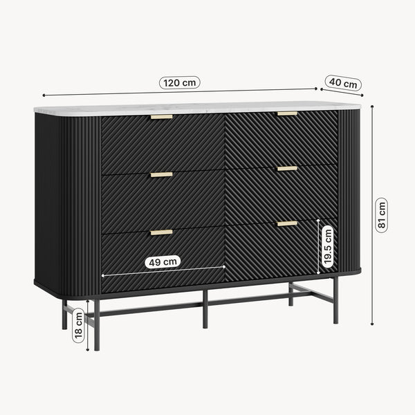 Kommode Olvehok 120x40x81 cm Schwarz/Marmoroptik, weiß [en.casa]