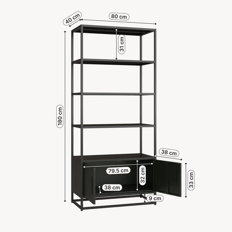 Maßskizze Bücherregal mit Schrank Hailuoto 80x40x180 cm Stahl Schwarz, matt [en.casa]
