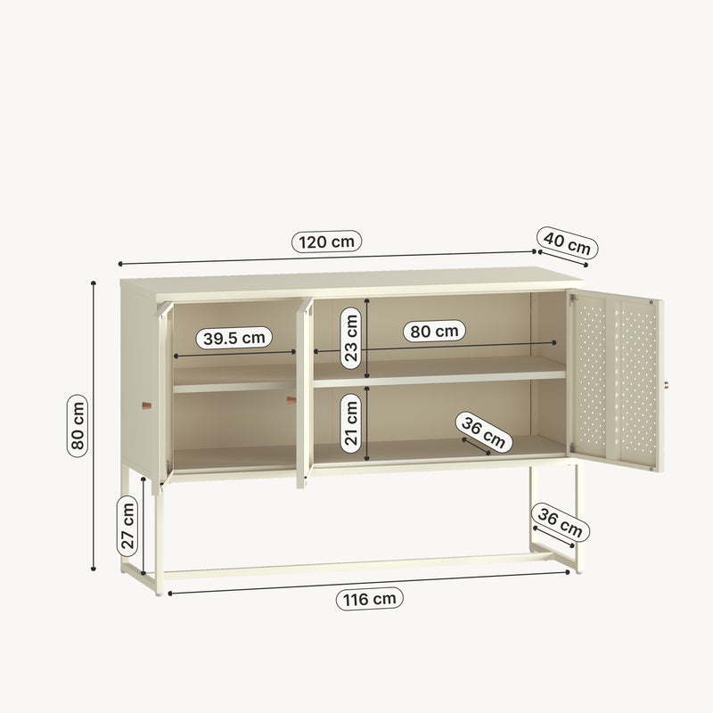Maßskizze Sideboard Viitasaari 120x40x80 cm Stahl Cremeweiß [en.casa]