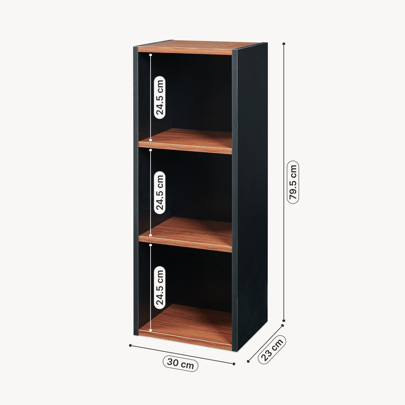 Maßskizze Bücherregal 'Trond' mit 3 offenen Fächern 80 x 30 x 23 cm Schwarz/Walnussoptik