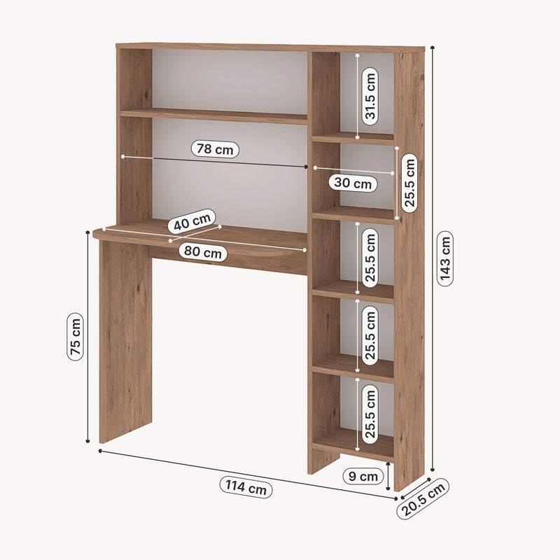 Maßskizze Schreibtisch mit Regal Onega 143x114x40 cm Holzfarben [en.casa]
