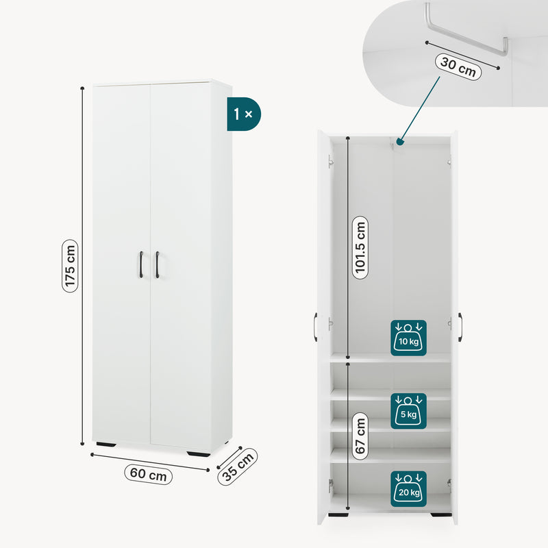Maßskizze Kleiderschrank Chalvefted 175x60x35 cm Weiß [en.casa]