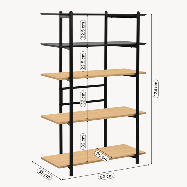 Bücherregal Kappespoo 124x80x35 cm Schwarz/Eicheoptik [en.casa]