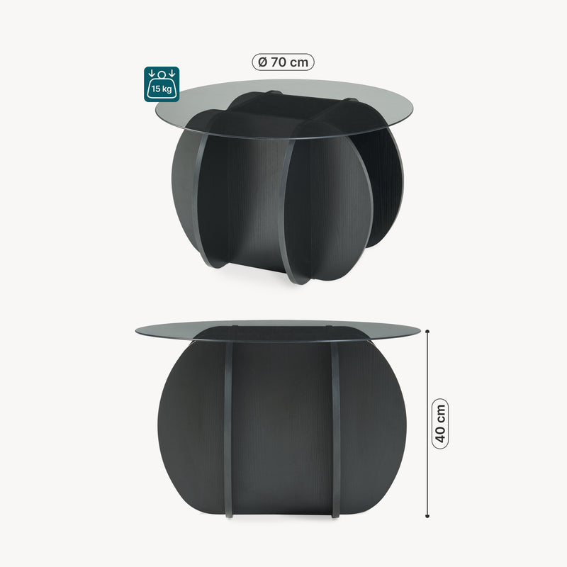 Maßskizze Couchtisch Karhuvandi mit Glasplatte Ø70x40 cm Schwarz/Grau [en.casa]
