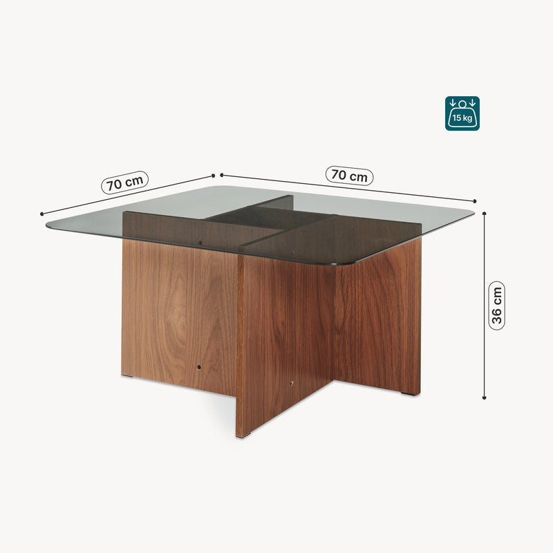 Maßskizze Couchtisch Benexjö mit Glasplatte 70x70x36 cm Walnussoptik/Grau [en.casa]