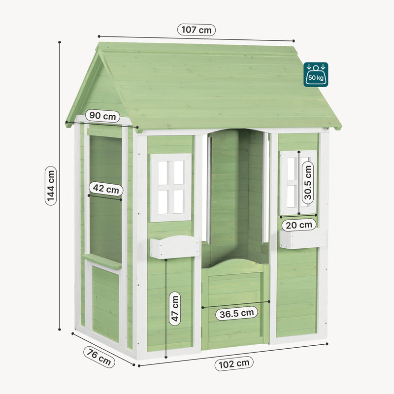 Maßskizze Kinderspielhaus Kuoldsvin Tannenholz 144x102x90 cm Grün/Weiß [en.casa]