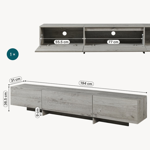 Fernsehschrank Kapipimso mit 3 Klappen 194x31x37 cm Eicheoptik, grau [en.casa]