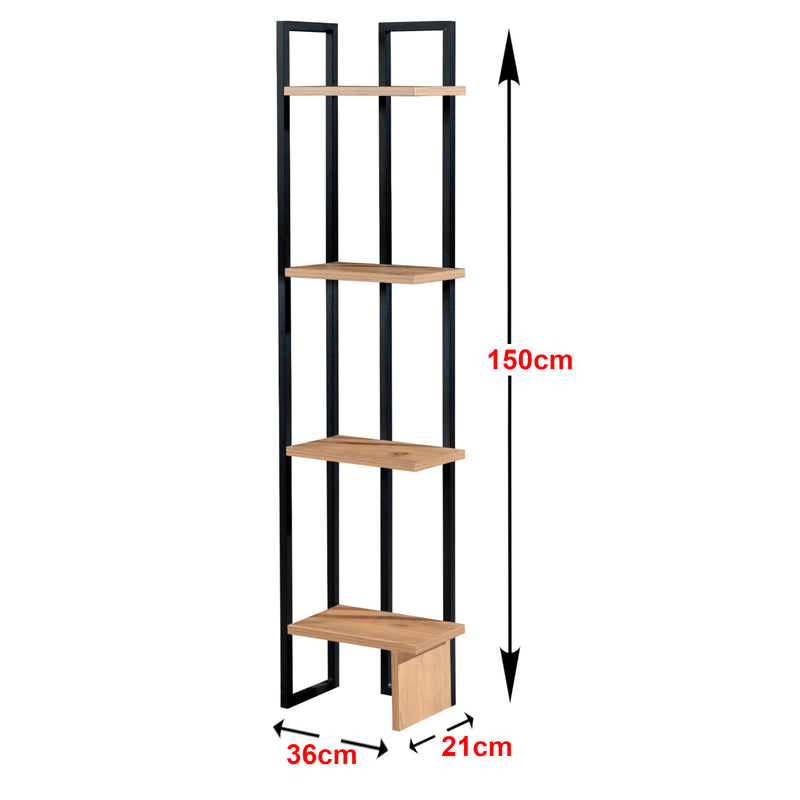 Maßskizze Standregal Bjergsted mit 4 Ablageflächen 150x36x21 cm Schwarz/Walnuss-Optik [en.casa]