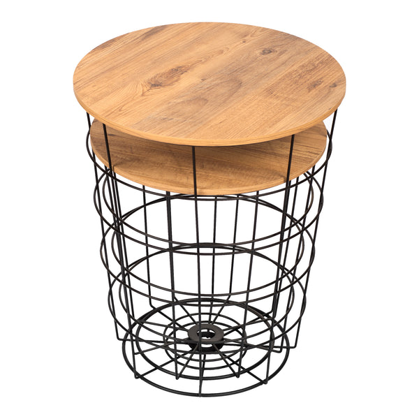 Beistelltisch-Set Hundested 2er Set Metallkorb Schwarz / Holzfarben [en.casa]