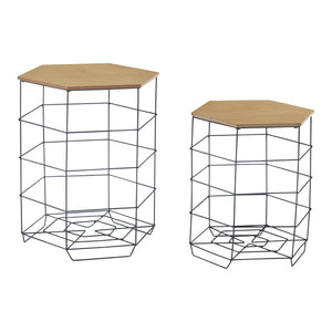 Beistelltisch-Set Hørsholm 2er Set Metallkorb Schwarz / Holzfarben [en.casa]