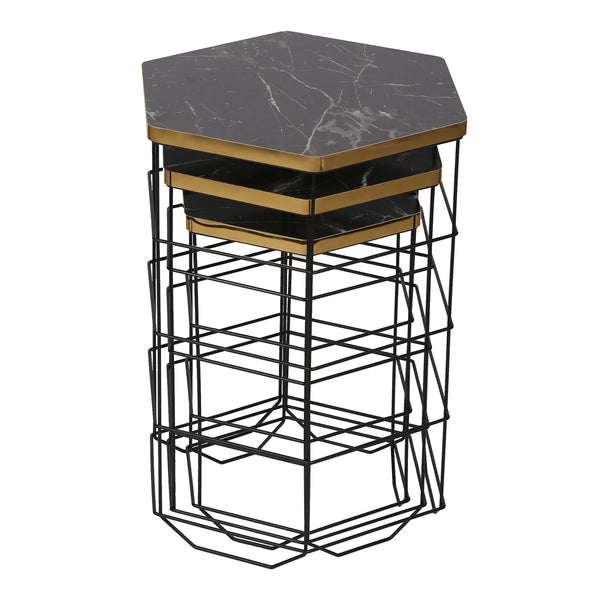 Beistelltisch-Set Hørning 3er Set Metallkorb Schwarz / Marmoroptik [en.casa]