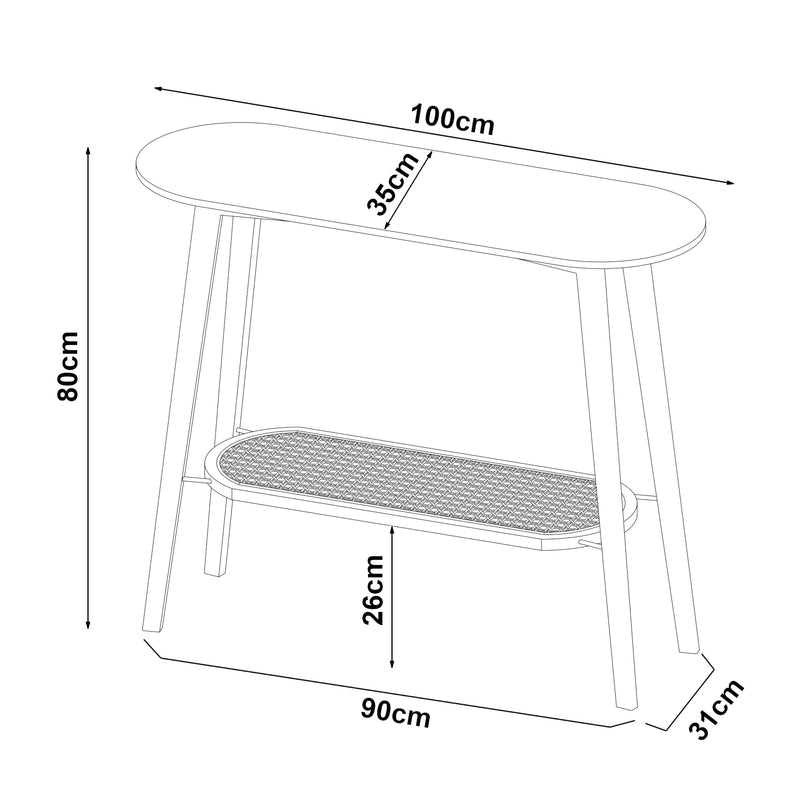 Maßskizze Konsolentisch Taivalkoski 100x35x80 cm Schwarz/Rattanoptik [en.casa]