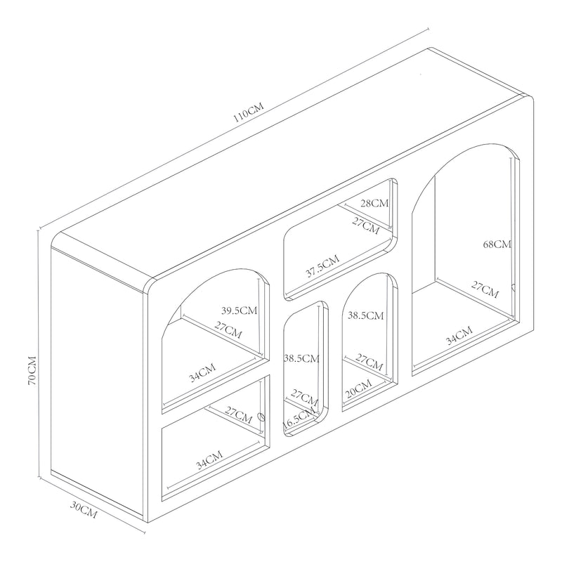 Maßskizze Sideboard Vågå mit offenen Fächern 110x30x70 cm Weiß [en.casa]