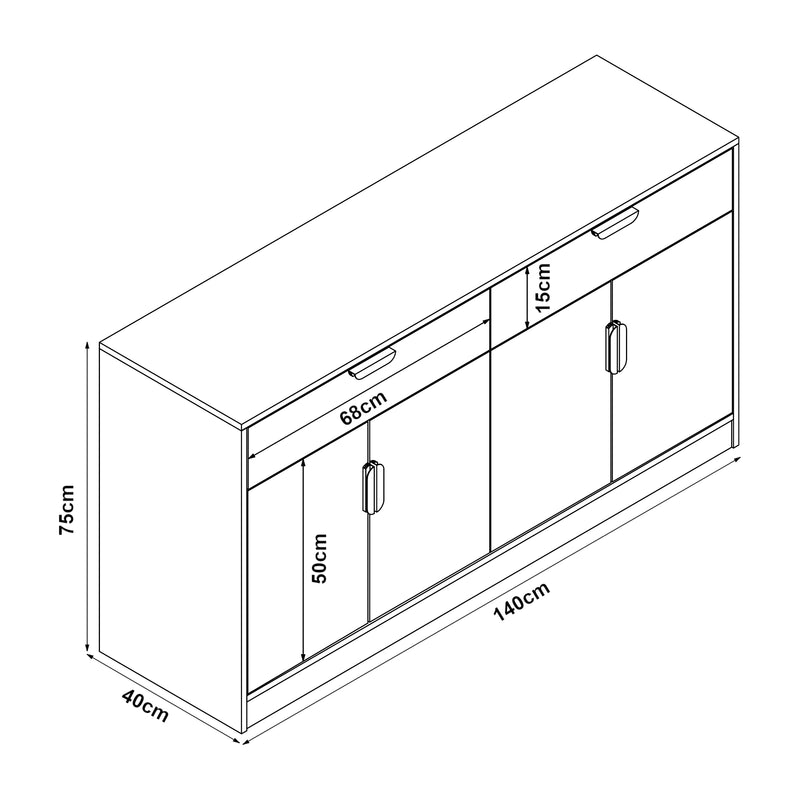 Maßskizze Sideboard Varkaus 75x140x40cm MDF Eichenoptik [en.casa]