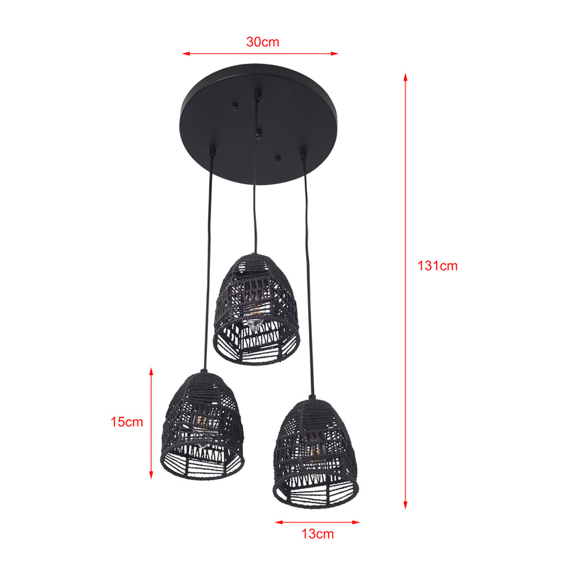 Maßskizze Hängeleuchte Andover Metall+Rattan Schwarz [lux.pro]