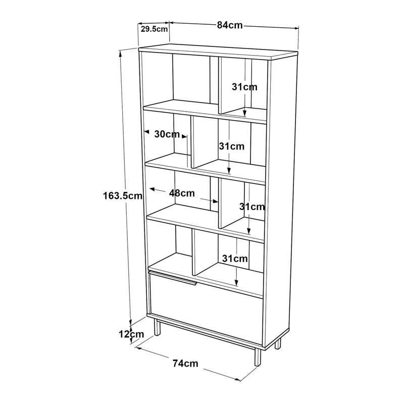 Maßskizze Bücherregal Kvænangen 176x84x30 cm Eichenoptik/Rattanoptik [en.casa]