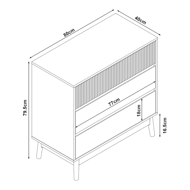 Maßskizze Kommode Landskrona 80x80x40 cm mit 3 Schubladen Eicheoptik [en.casa]